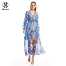 2019 new summer printed lace loog sleeve women long dress sexy young girl beach dress